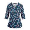 Women's Christmas Print V-Neck Work -Quarter Sleeve Caregiver Uniform Scrub Tunic