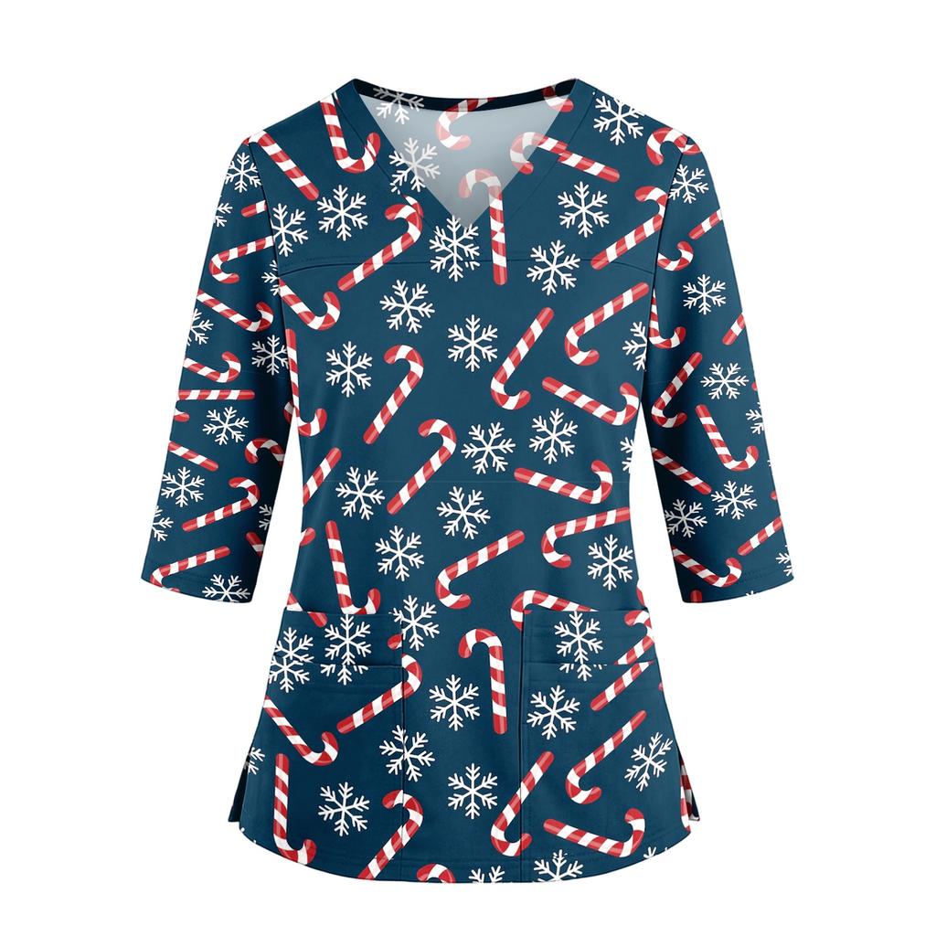 Women's Christmas Print V-Neck Work -Quarter Sleeve Caregiver Uniform Scrub Tunic
