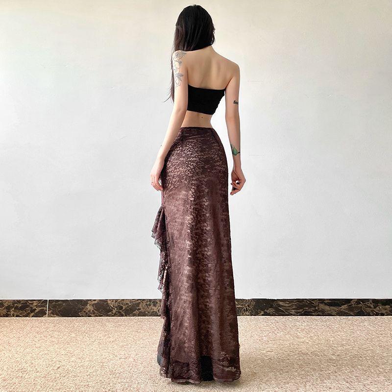 Design Sense Vintage Style Ruffled Cake Slit Skirt for Women Zipper Ruffle Edge Splicing for Slim Fit