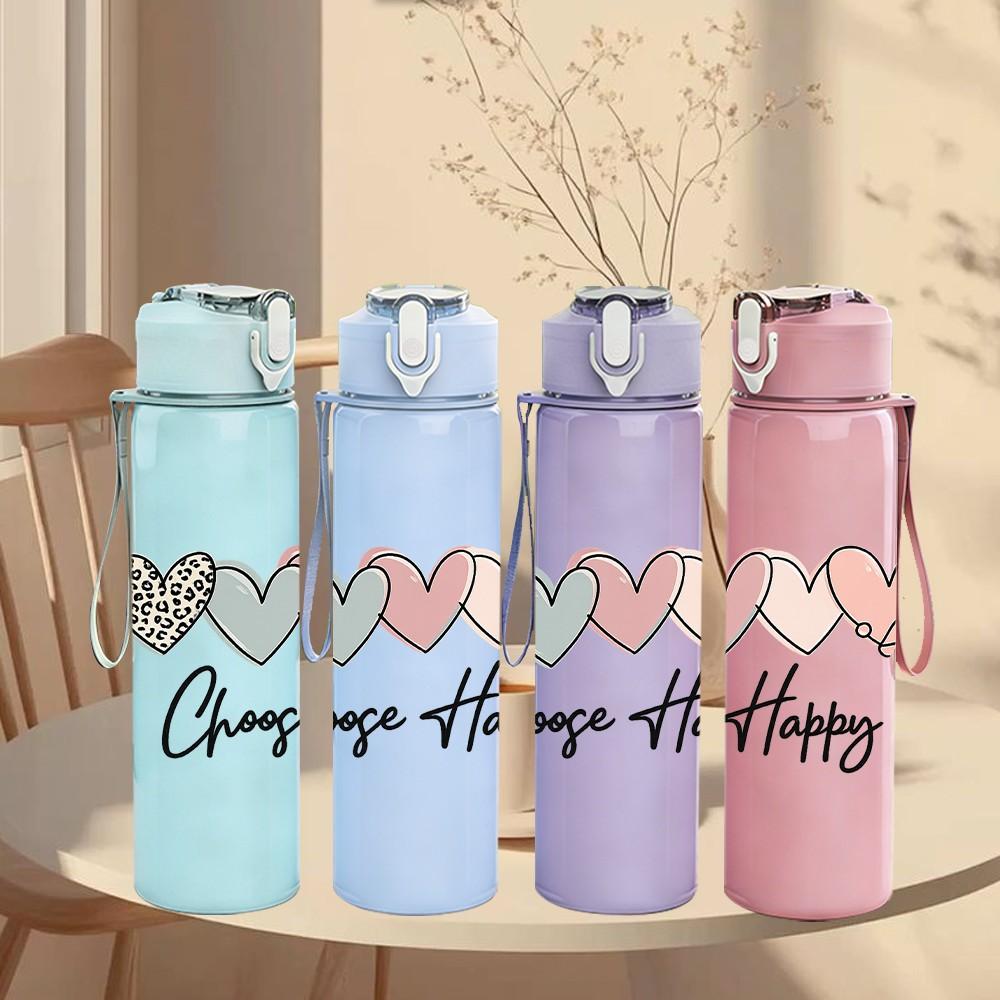 1PC Multi Pastel Heart Choose Happy Print 750ml Color Plastic Sports Water Bottle Leakproof Flip Straw Lid Suitable for Sports Office Home Use