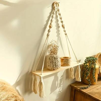 Makramee-Hängeregal, Boho-Wanddekoration, Schlafzimmer, 1 Stück, rustikale Holz-Schweberegale für Zimmer, Kinderzimmer, Badezimmer, Wohnzimmer, College