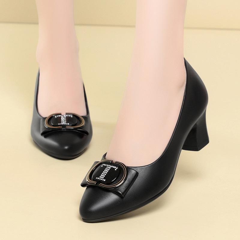 Damskie buty pojedyncze Wiosna Jesień Gruby obcas Skórzane buty Wszechstronne do pracy Buty damskie bez męczenia stóp Buty na wysokim obcasie