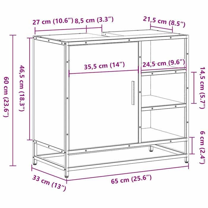 VidaXL Armoire de lavabo de salle de bain chêne fumé 65x33x60 cm, meuble de lavabo de salle de bain, meuble de salle de 849286