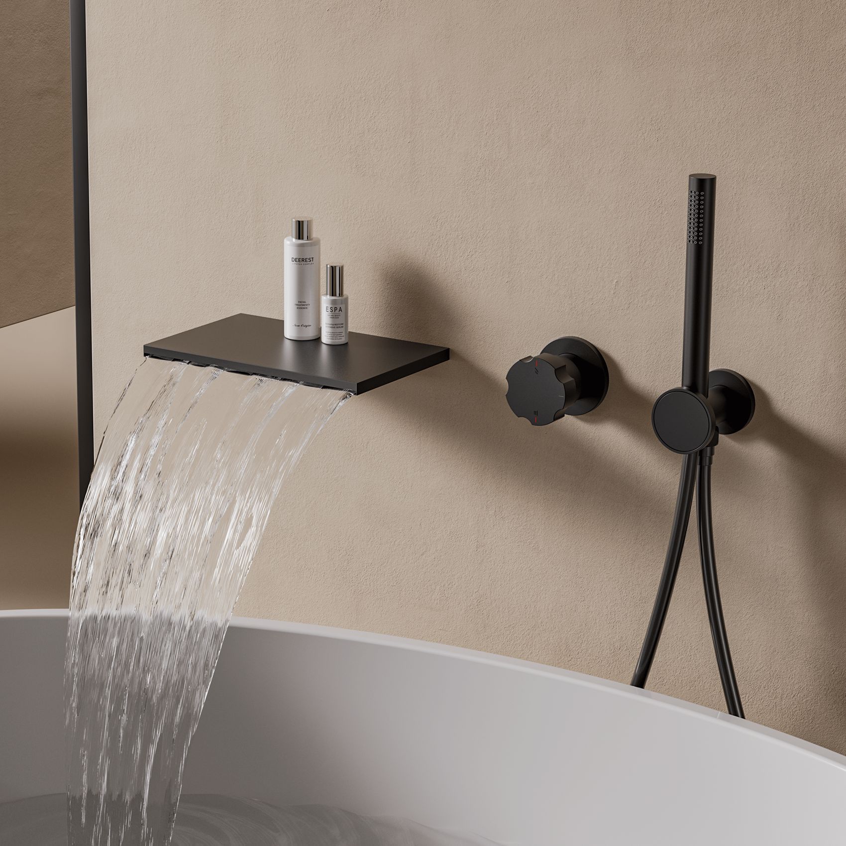 Brushed Gold Bathroom Bathtub Mixer Set Black Brass Waterfall Bath Shower Faucets Wall Mounted Bathtub Shower Faucet Set