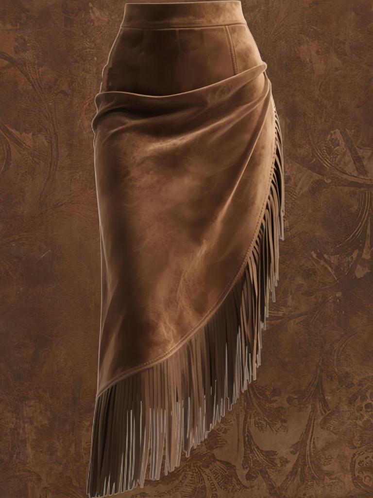 Europäischer & Amerikanischer Damen Retro Western Fransen Unregelmäßiger Saum Wildlederrock