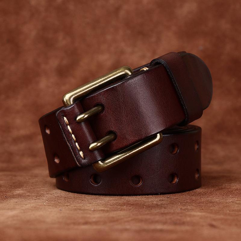 Factory Direct Sales Men's Genuine Leather Belt Double Needle Buckle Head Layer Cowhide Retro Youth Copper Buckle Belt