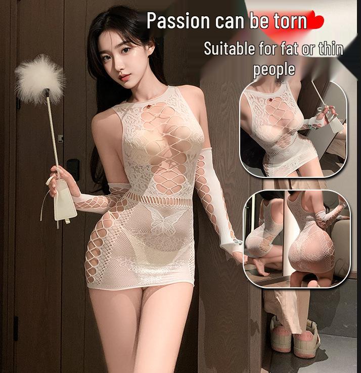 Drunk Cellar Sexy Fishnet Lingerie: European & American Style Hollow Out Bandeau with Removable Open Crotch Bodysuit Set.