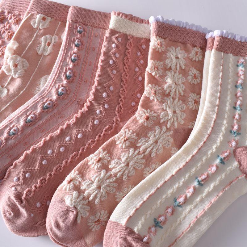 5 Stück/weiße florale Mid-Tube-Socken für Damen, trendige japanische Pudernebelfarbe, Student Loli Spring, dünner Abschnitt, JK-Socken, Pink, Neu