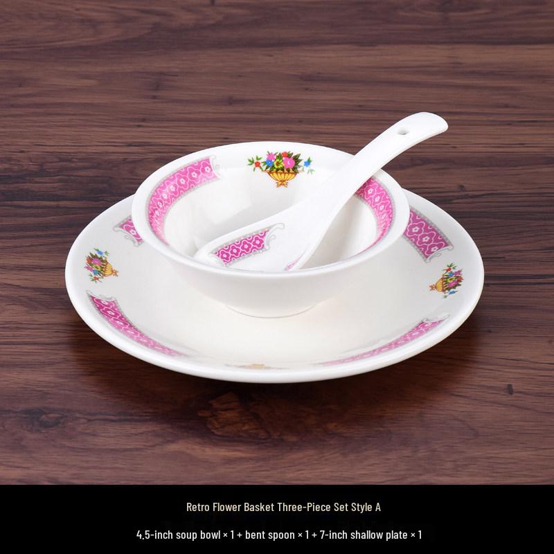 Hong Kong Style Vintage Ceramic Tableware: Fish Plate, Kway Teow Dish, Noodle Soup Bowl, Rice Bowl.