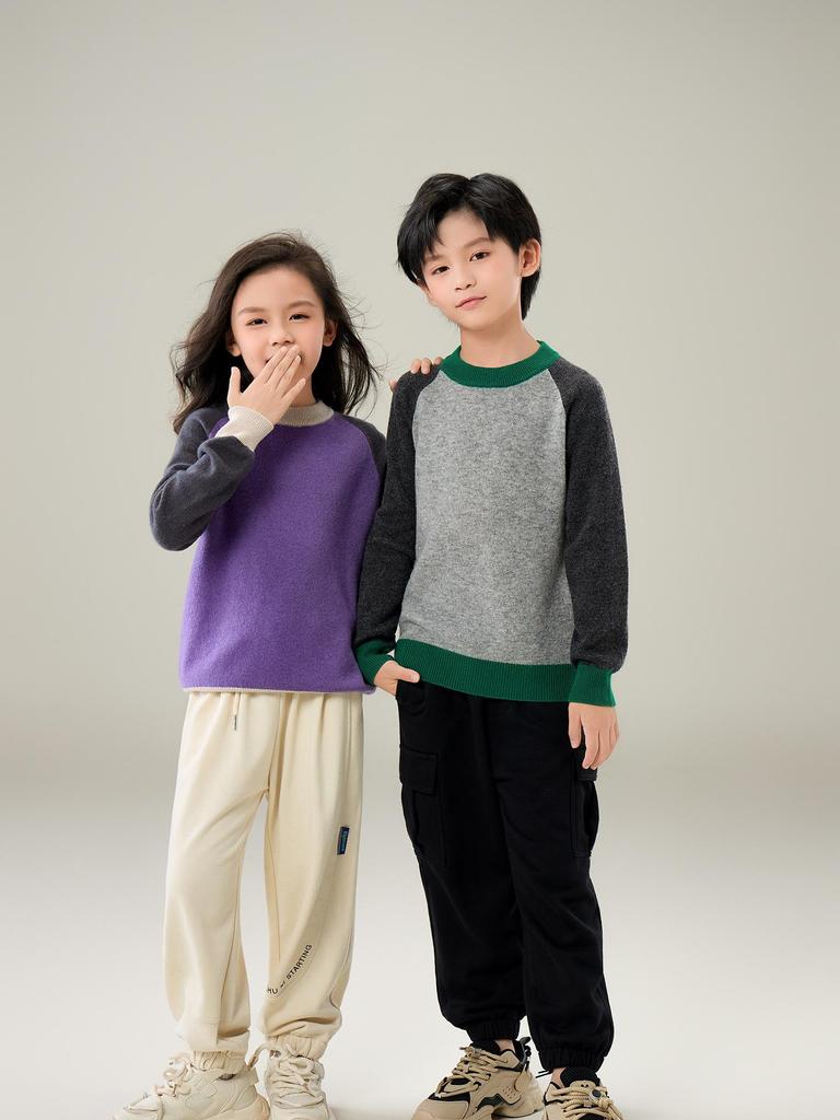 100% Wool Color Block Crew Neck Sweater for Boys & Girls - 2025 Autumn/Winter Collection