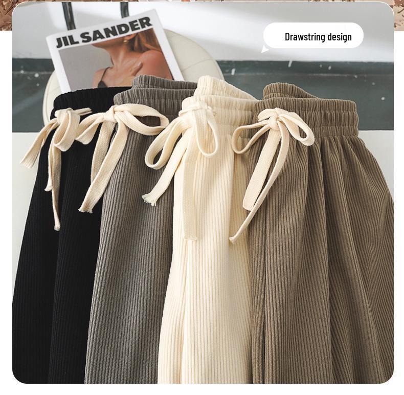 YX Dámské pletené kalhoty se širokými nohavicemi s fleecovou podšívkou - S vysokým pasem, zeštíhlující, žebrované, teplé, podzimní/zimní ležérní oblečení