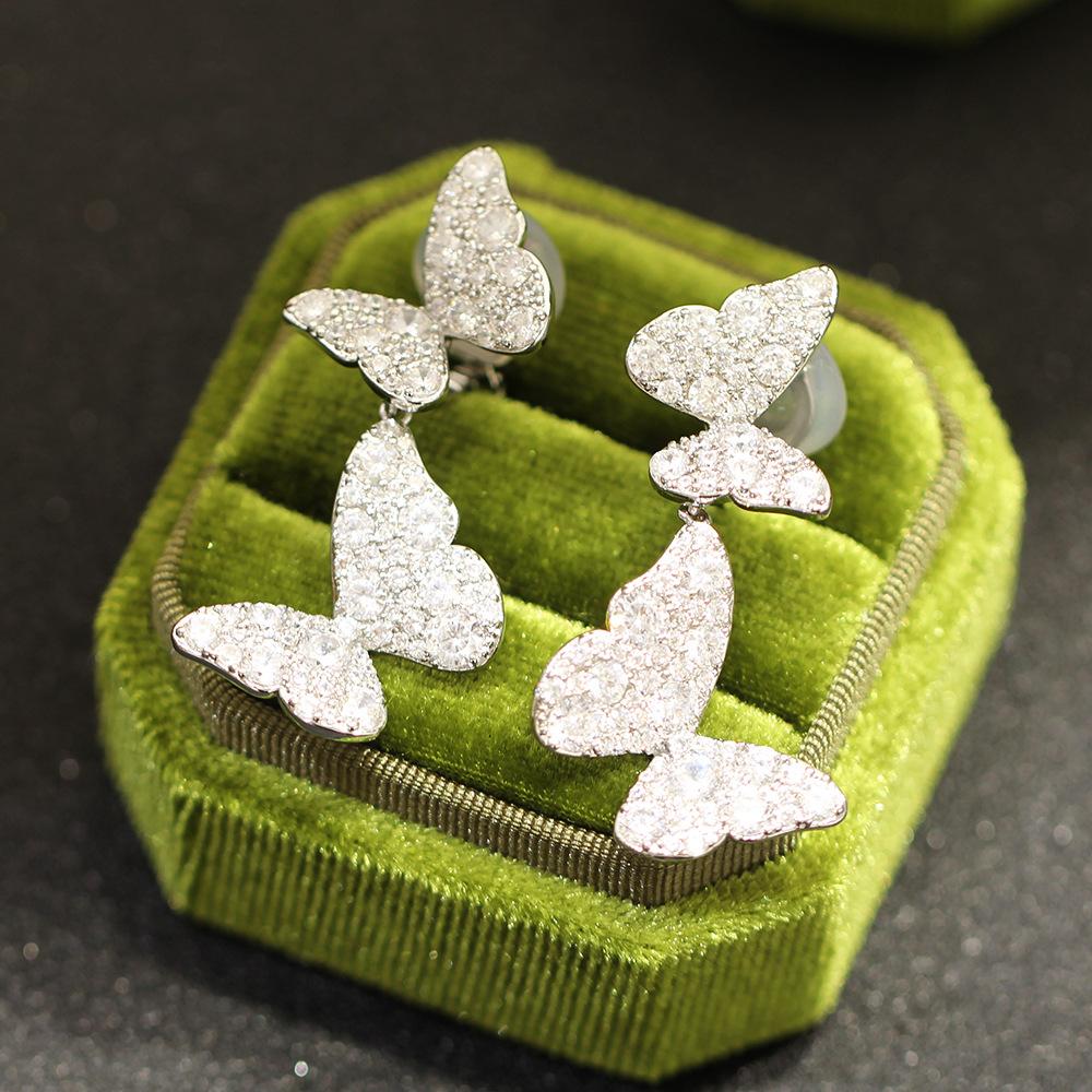 Light luxury full of zircon double butterfly earrings, gold-plated elegant temperament, no ear piercings, earrings, women's earrings, all-match.