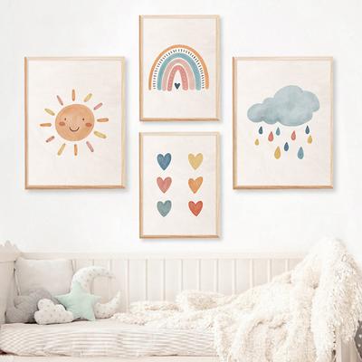 Boho aquarela doce arco-íris corações sol berçário pôsteres impressões pintura em tela arte de parede fotos quarto de bebê decoração de casa