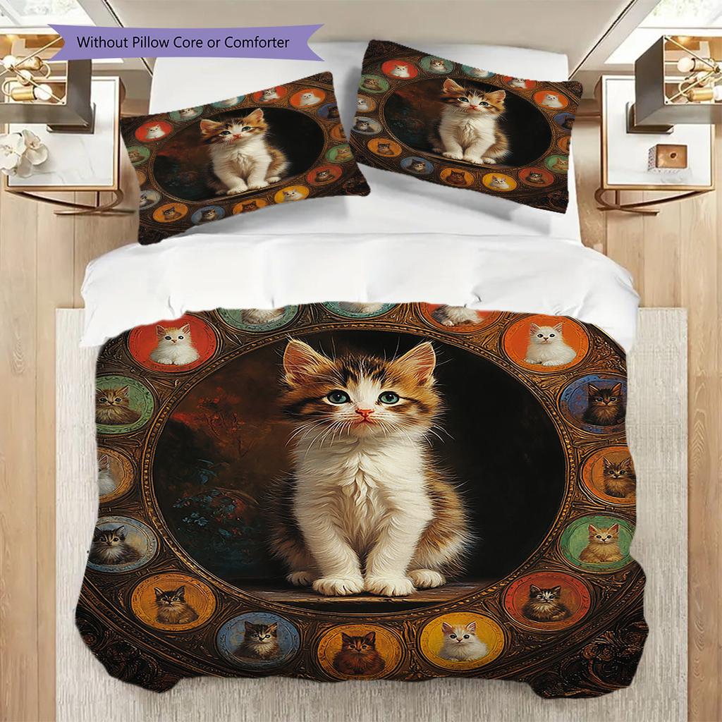 Tabby Cat Pattern Bedding Quilt Set Quilt Cover Pillowcase Home Decoration Birthday Gift (1 * duvet cover + 2 * pillowcase, without core)