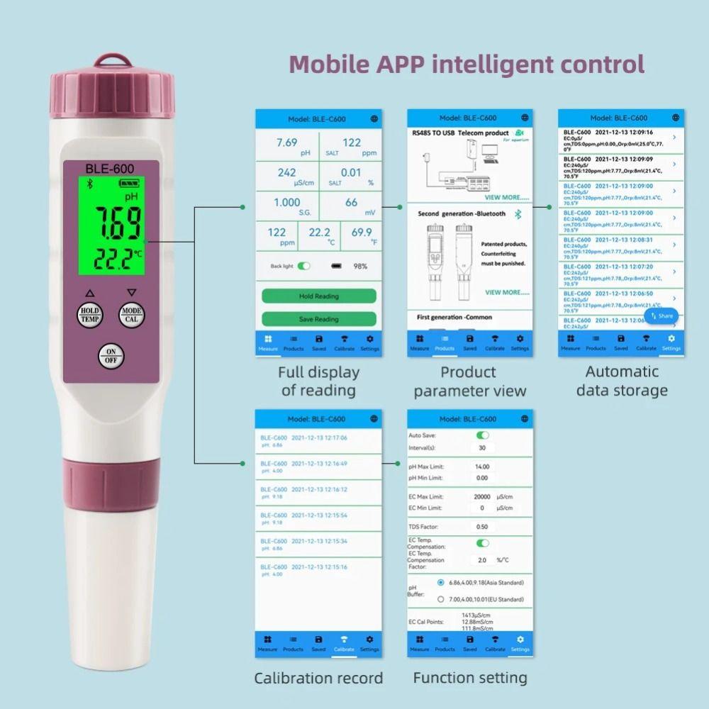 Bluetooth 7 in 1 PH Meter Aquarium Water Quality Tester Intelligent ORP S.G TEMP  Swimming Pool