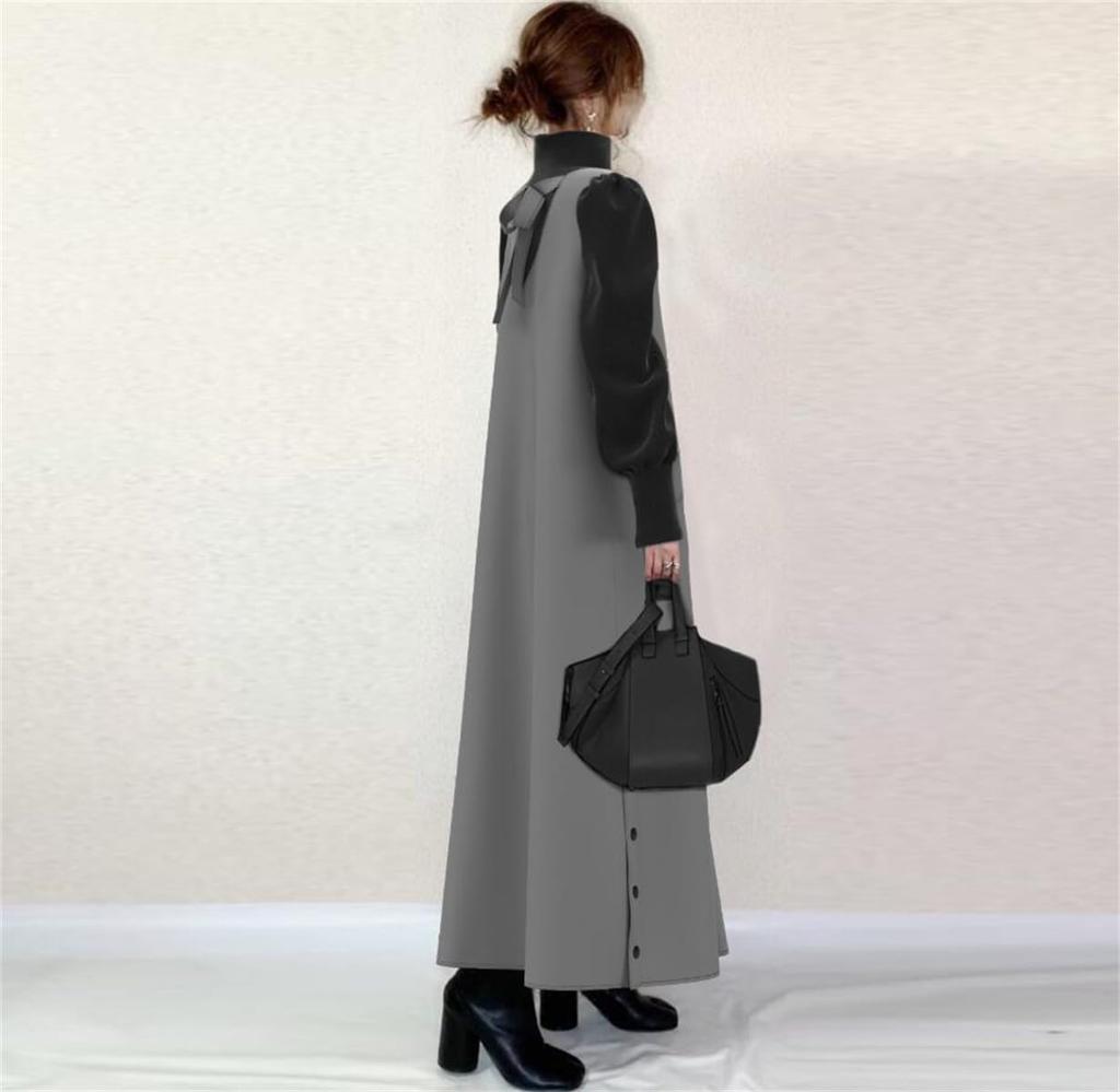 YUANYUAN Docking Long Puff Contrast Back Side Loose Winter Size Women's Dress, Dress, Sleeves, V-Neck, Color-Matching, Stitching, Ribbon, Buttons,