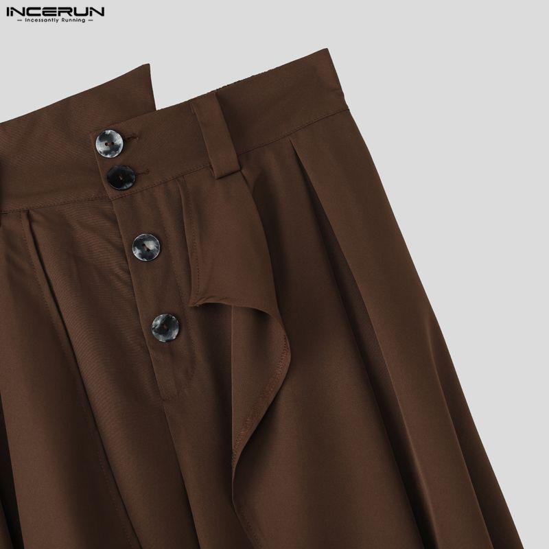 INCERUN Men's Style Punk Wide Leg Trousers Gothic Loose Ruffled Casual Skirt Pants Streetwear Bottoms
