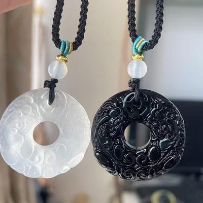 White Chalcedony and Natural Obsidian Double Pixiu Peace Buckle Necklace for Men and Women