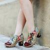 Johnature Zapatos de tacón pintados a mano de cuero genuino para mujer, zapatos de tacón alto con plataforma cómodos Flor Retro