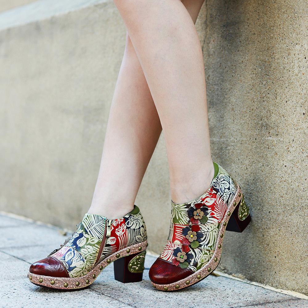 Johnature Zapatos de tacón pintados a mano de cuero genuino para mujer, zapatos de tacón alto con plataforma cómodos Flor Retro