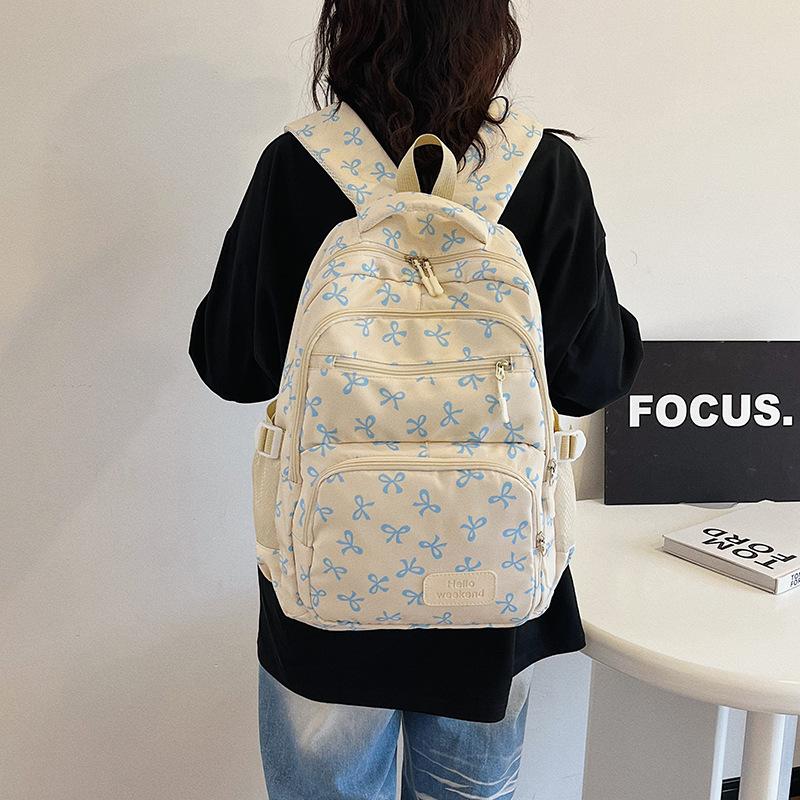 Korean Fashion Bow Print Women Fashion Backpack Lightweight Simple Student Schoolbag Female Bag Set Three-Piece