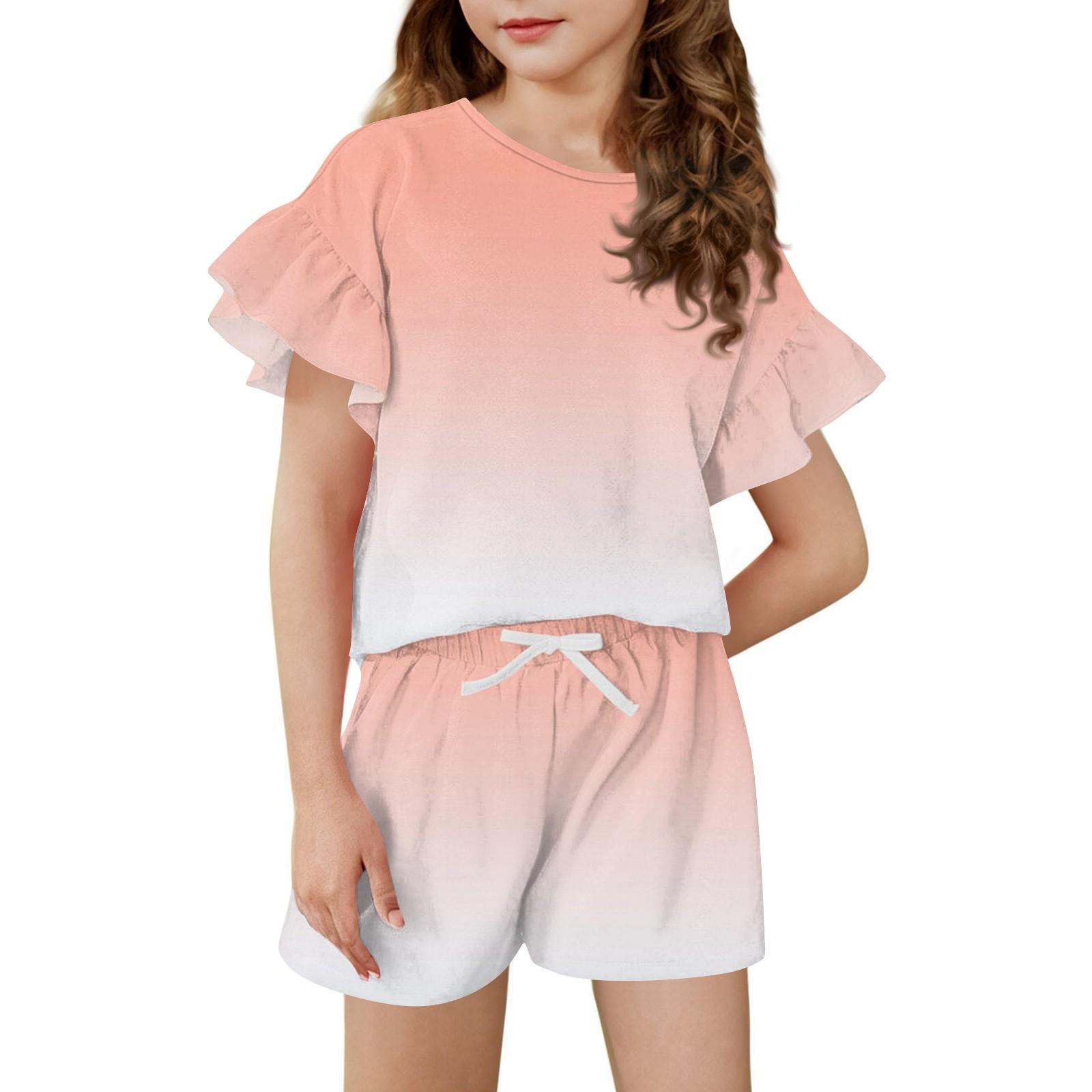 

Летний наряд для девочек Топ с рукавами-рюшами и шорты Комплект одежды Легкий Повседневный Двойка 140 оранжевый