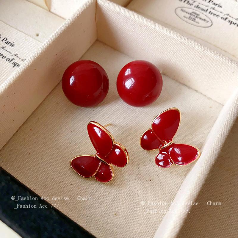 Silver Needle Dripping Oil Ankara Red Butterfly Stud Earrings Fashionable Versatile Retro Earrings Simple and Advanced Hong Kong Style Earrings Women
