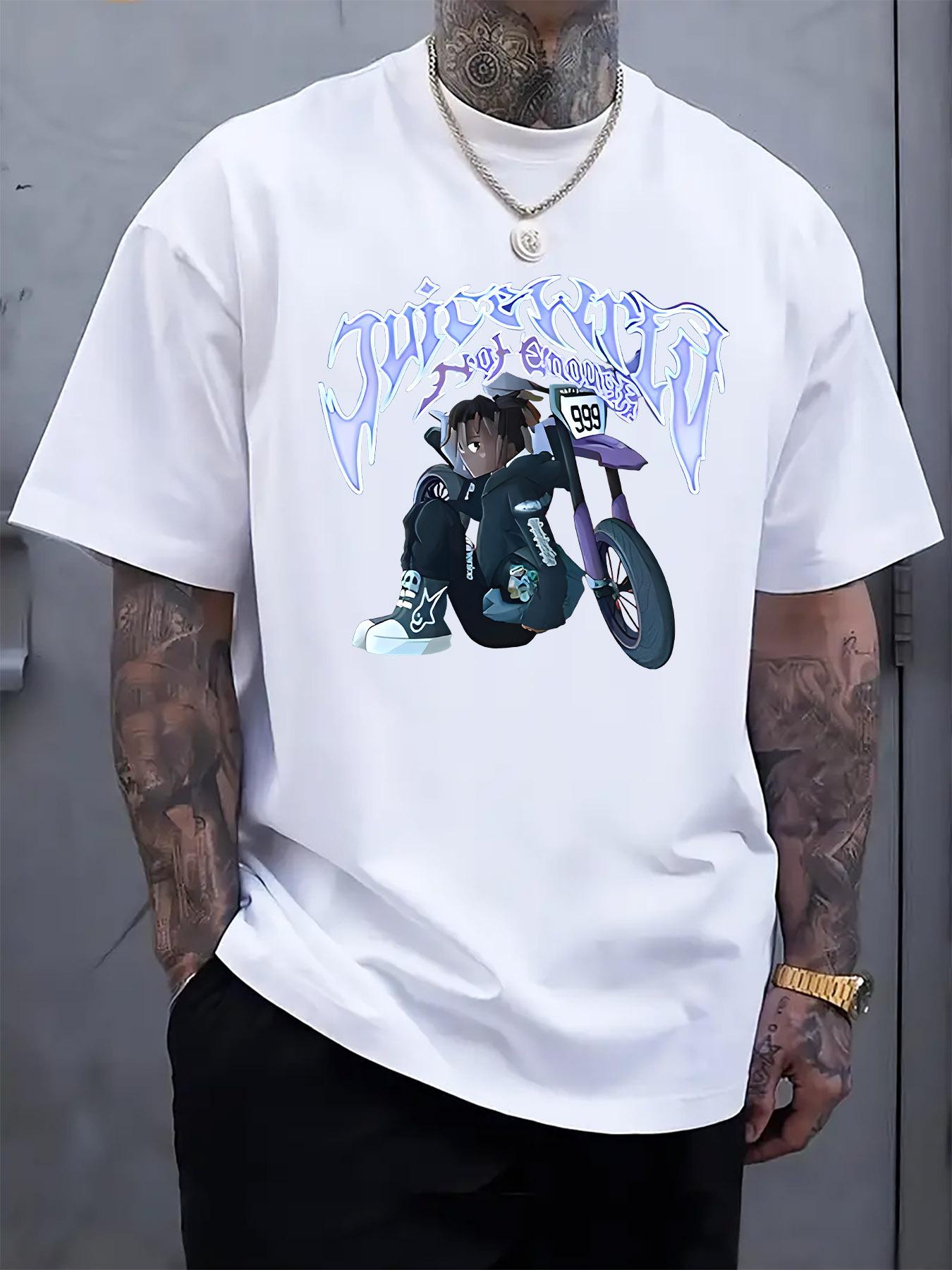 Casual Crew Neck T-shirt with Anime & Motorcycle Print - Light Gray M