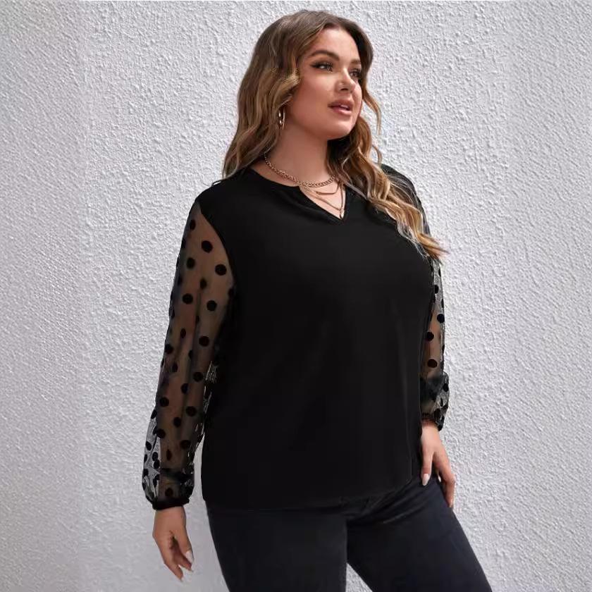 Plus Size Women's Mesh Patchwork Long Sleeve Solid Color Shirt