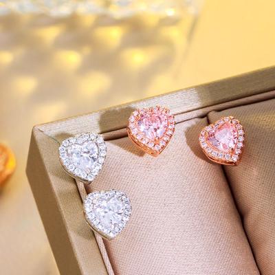 Needle Micro-Inlaid Zircon Love Stud Earrings Light Luxury Pink Diamond Heart Earrings
