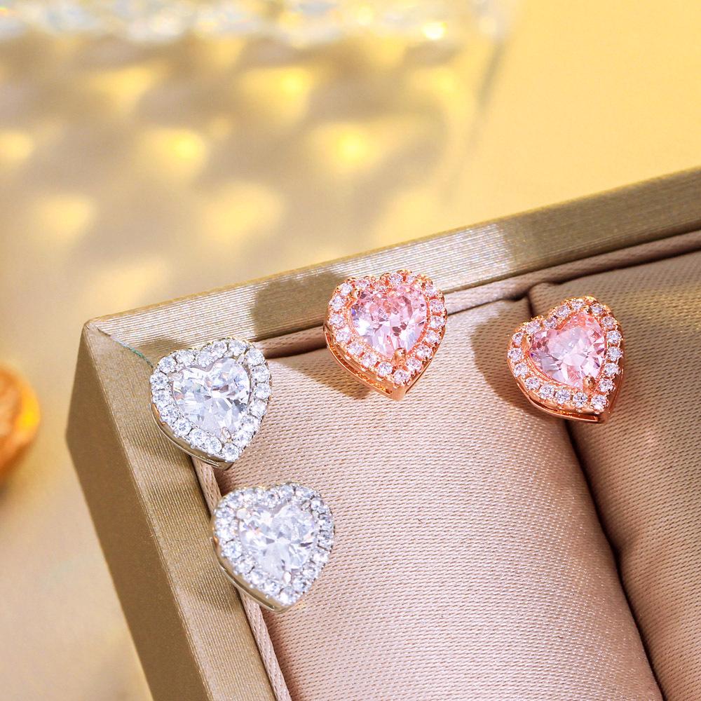 Needle Micro-Inlaid Zircon Love Stud Earrings Light Luxury Pink Diamond Heart Earrings