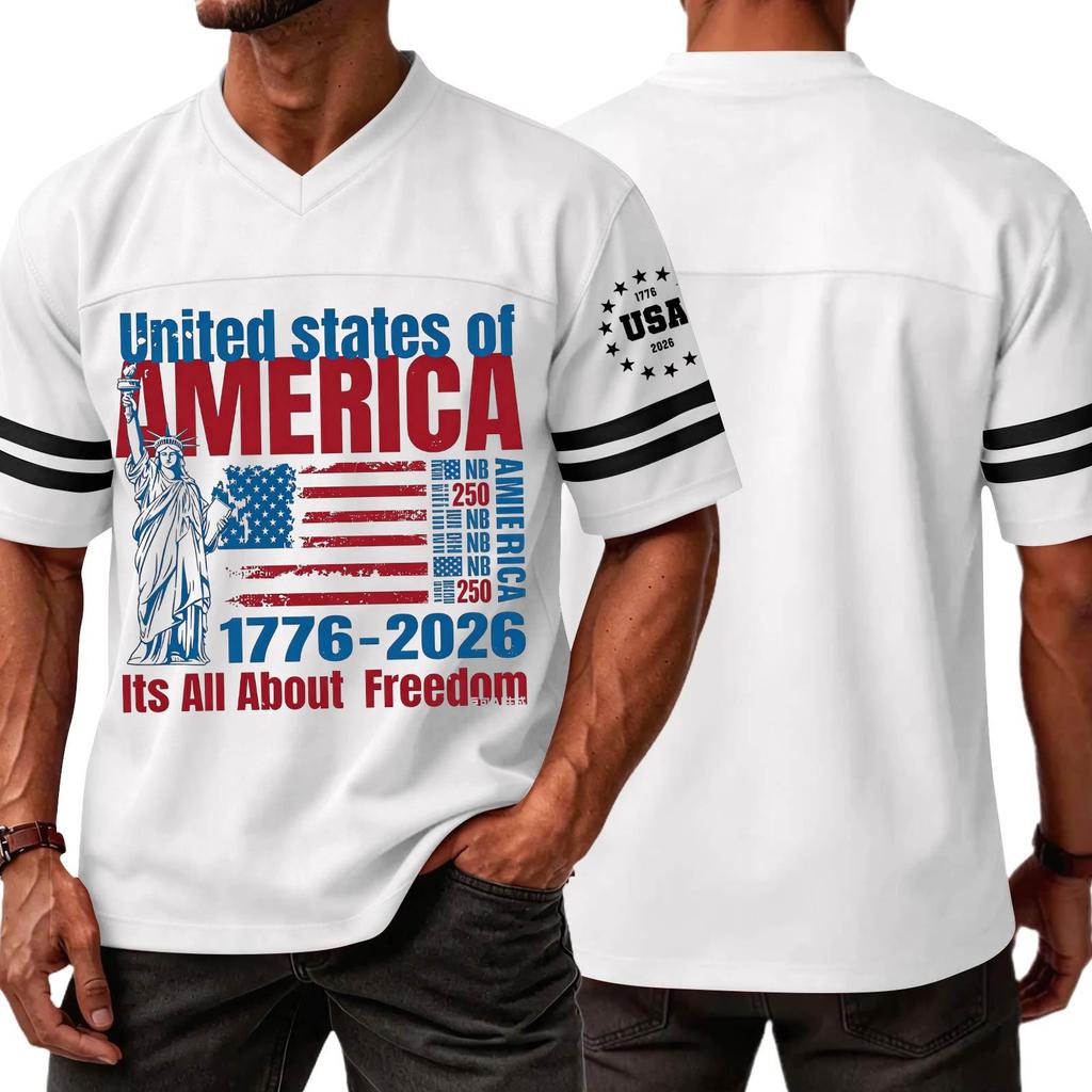 Mens V Neck Short Sleeve Sports T Shirt with States of America 1776 2026 Graphic and Statue of Print