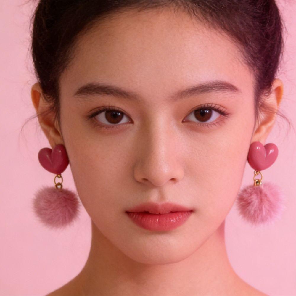 Sweet Plush Ball Earring Ear Stud Valentine's Day Earring Heart Shaped Earrings Wedding