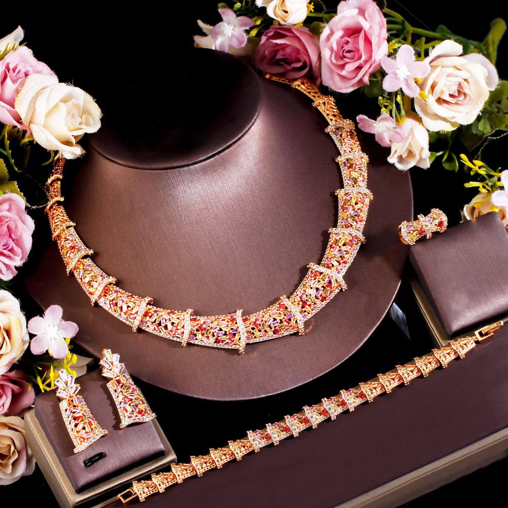 Zestaw Zirkonowy Łańcuszek Ślubny Suknia Ślubna Kolia Kolczyki Pierścionek Bransoletka Czteroczęściowy Zestaw