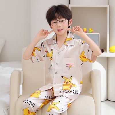 Boys Pajama Set Ice Silk Short Sleeve Long Pants Cartoon Print Lightweight Sleepwear Ages 8