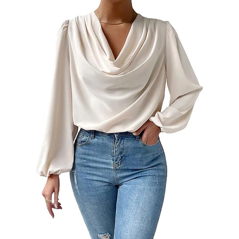 

2025 Women s European & American Chiffon V-Neck Long Sleeve Loose Pullover Casual Shirt XXL абрикосовый