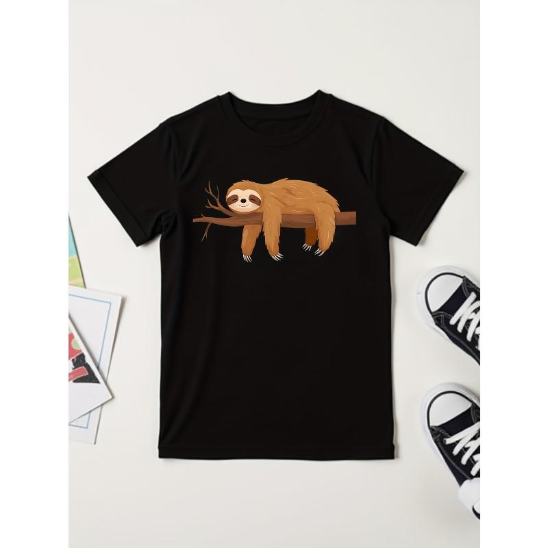 European sizes Sloth T-Shirt - Soft Breathable Kids Sloth-Themed Top Suitable for Summer, Casual Round Neck Short Sleeve Tee with Sloth Print for,