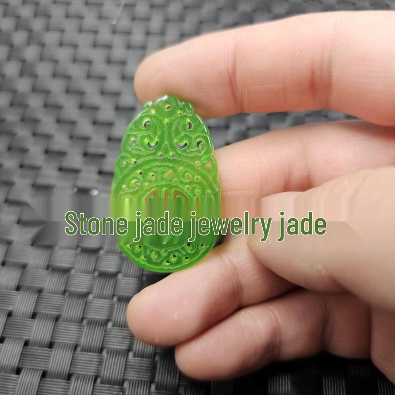 Spinach Green Quartzite Jade Pendant Necklace - Hollow Shou Character Design