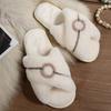 Fashion Fashion Cross Strap Plush Slippers Women Metal Detor House Cotton Slippers Woman Winter 2025 Soft Anti Slip Plush Slides Female