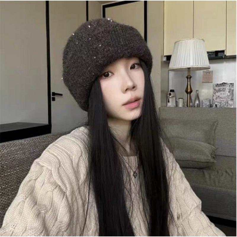 Autumn and Winter Lazy Style Sequins Thick Piles of Hats Korean Versatile Windproof and Warm Pull Out Hat Casual Face Showing Small Cold Hat