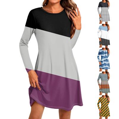 Women's Fashion Casual Print Round Neck Long Sleeve Short Side Pocket Dress