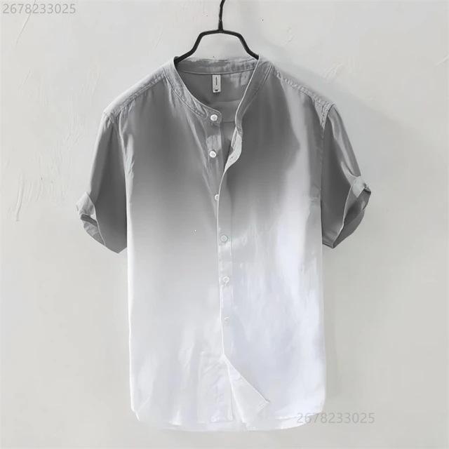 Short-sleeved Shirt Linen Cool Breathable Comfortable Gradient Blue Hawaiian Beach Men's Cardigan Shirt
