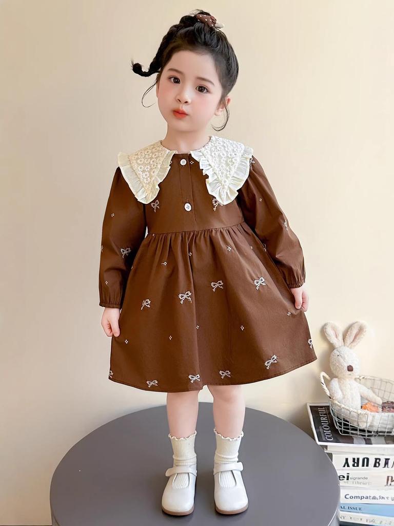 Spring Lace Collar Dress for Girls - Bow Embroidered Princess Skirt