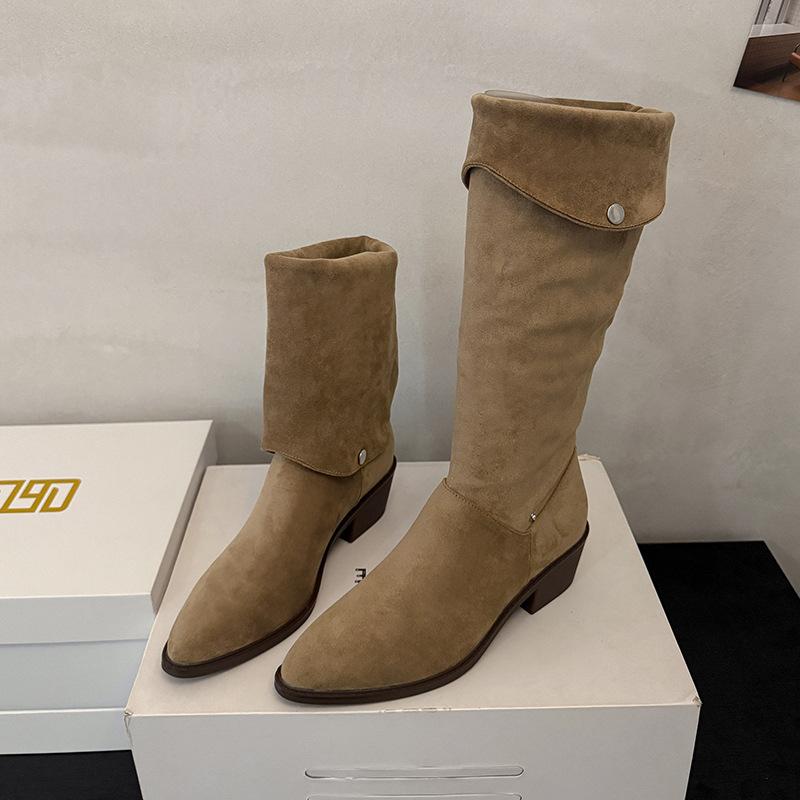 Pile boots women's pointed high tube medium tube knight boots 2025 new early autumn winter brown western cowboy long boots