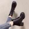 Autumn Single Boots, Laced Black Martin Boots, Round Toe, Chunky Heel, High Heel, Belt Buckle, Women's Short Boots