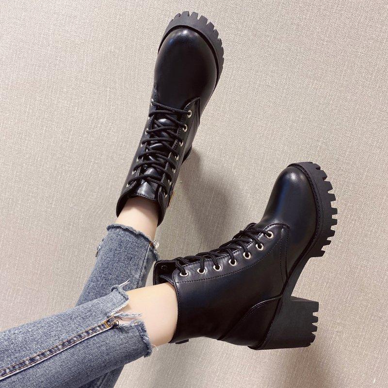 Autumn Single Boots, Laced Black Martin Boots, Round Toe, Chunky Heel, High Heel, Belt Buckle, Women's Short Boots