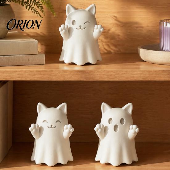 Collectible Art Figures 3D Printed Cute Ghost Cat Figurine, Wink Smile Surprise Spooky Halloween Decor, Unpainted Decorations Blank White DIY