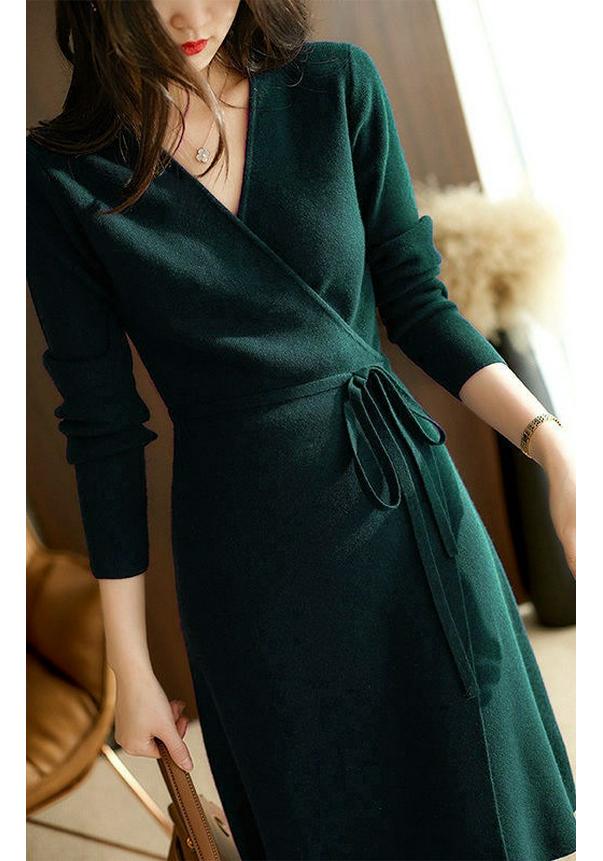 

2024 Autumn/Winter Elegant French Knit A-line Dress with Belt One Size темно-зеленого
