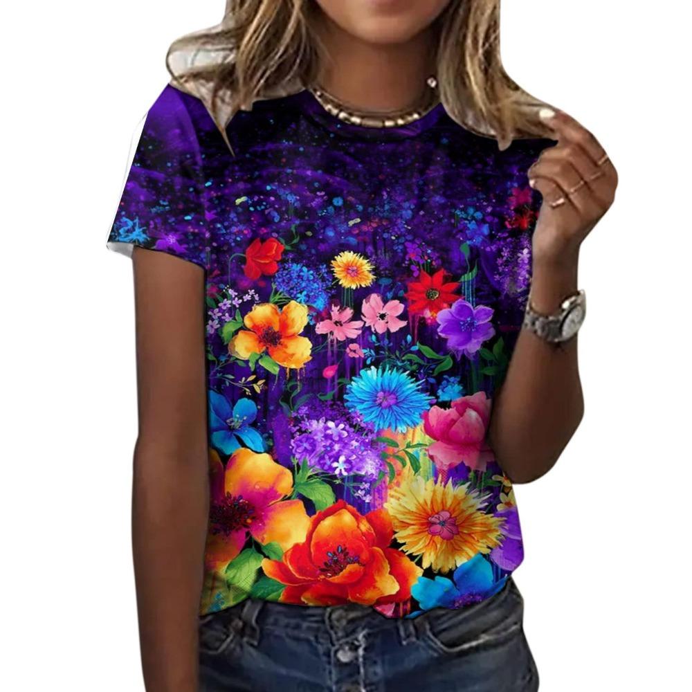 

2026 New Summer Retro 3D Flower Rose Printed T-shirt for Women Flower Pattern T-shirt for Girls Fashion Short Sleeve T-shirt XL