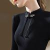 Stand-up collar bottoming shirt women&#x27;s new women&#x27;s clothing black long-sleeved t-shirt with waist Chinese retro button-up top
